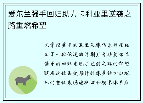 爱尔兰强手回归助力卡利亚里逆袭之路重燃希望