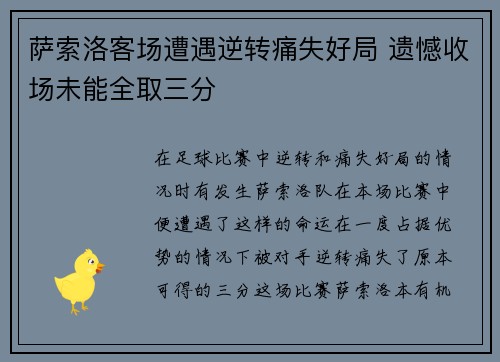 萨索洛客场遭遇逆转痛失好局 遗憾收场未能全取三分